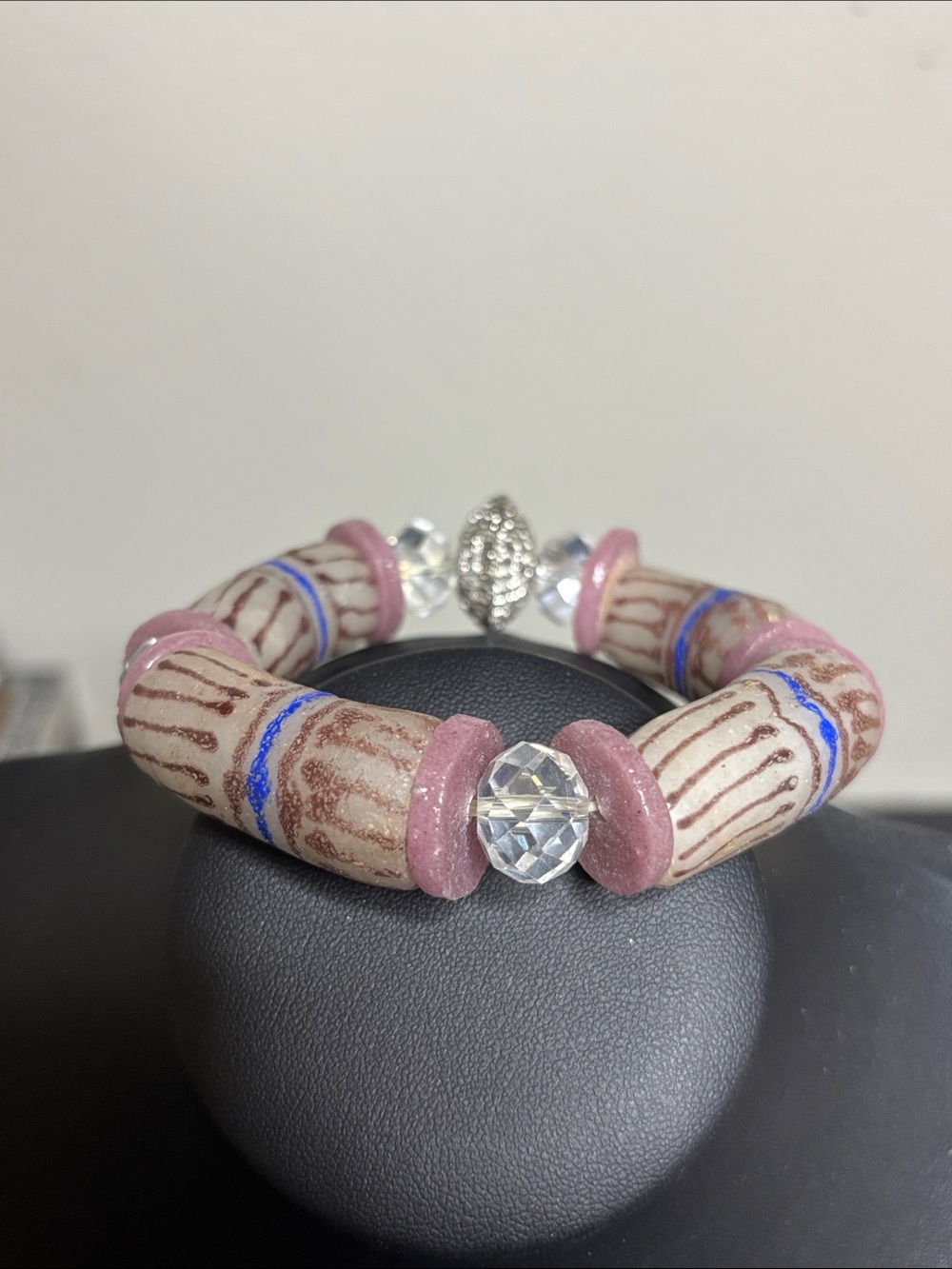 African Krobo Pink Beige Beaded Stretch Bracelet Clear Crystal Accent Statement